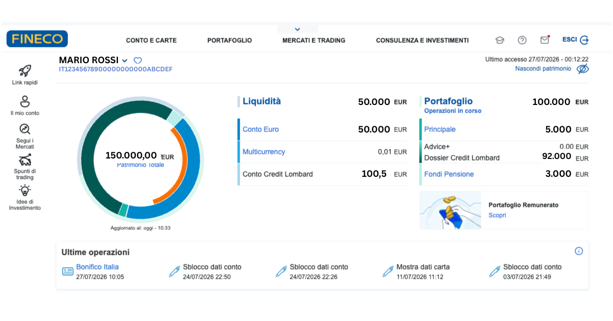 Home Fineco: il box Liquidità con le righe Conto Euro, Multicurrency e Conto Credit Lombard